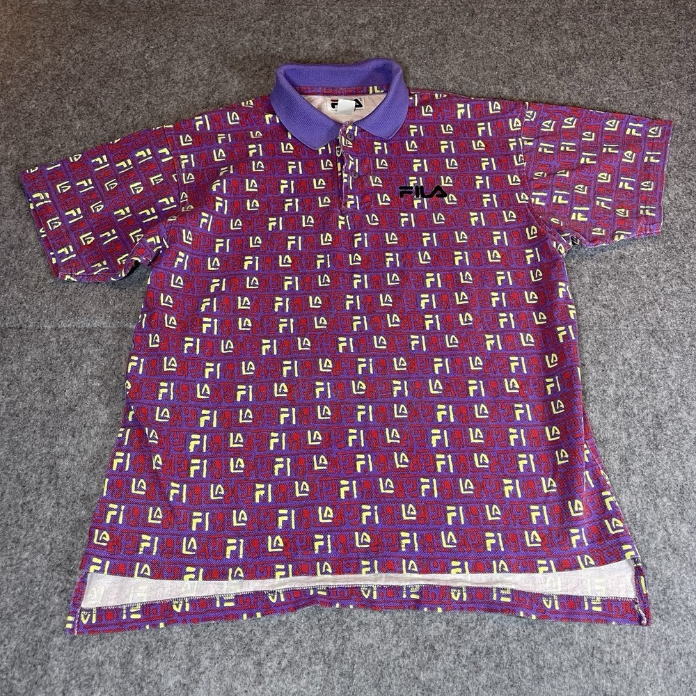 Vintage 90s‎ Fila All Over Print Graphic Polo Shirt Mens Medium Made In USA